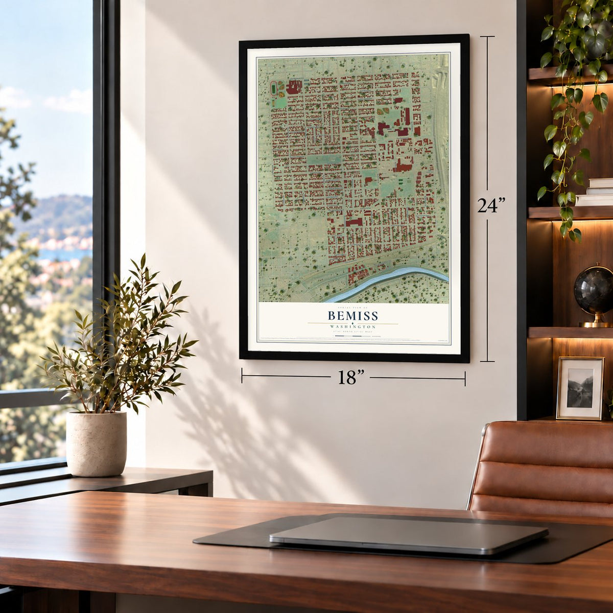 Bemiss, Washington map, 18 x 24 inch print in a black frame in a home office