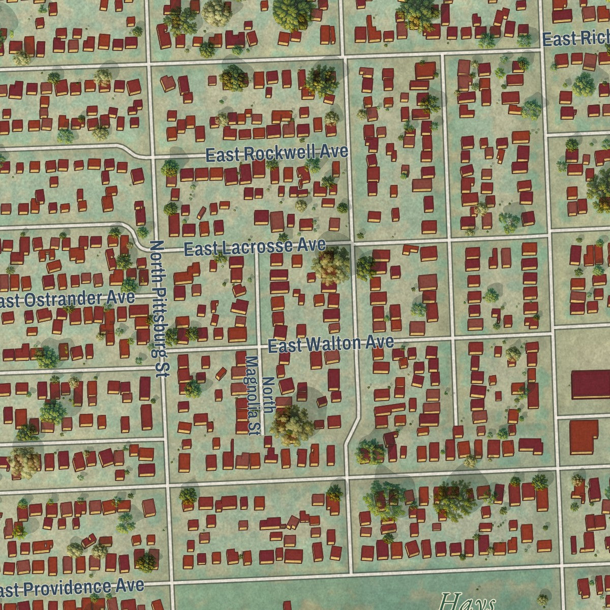 Close-up of the map of Bemiss, Washington print showing street and building detail