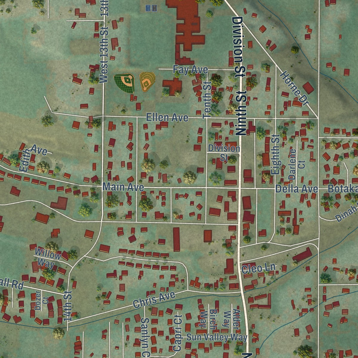 Close-up of the map of Benton City, Washington print showing street and building detail
