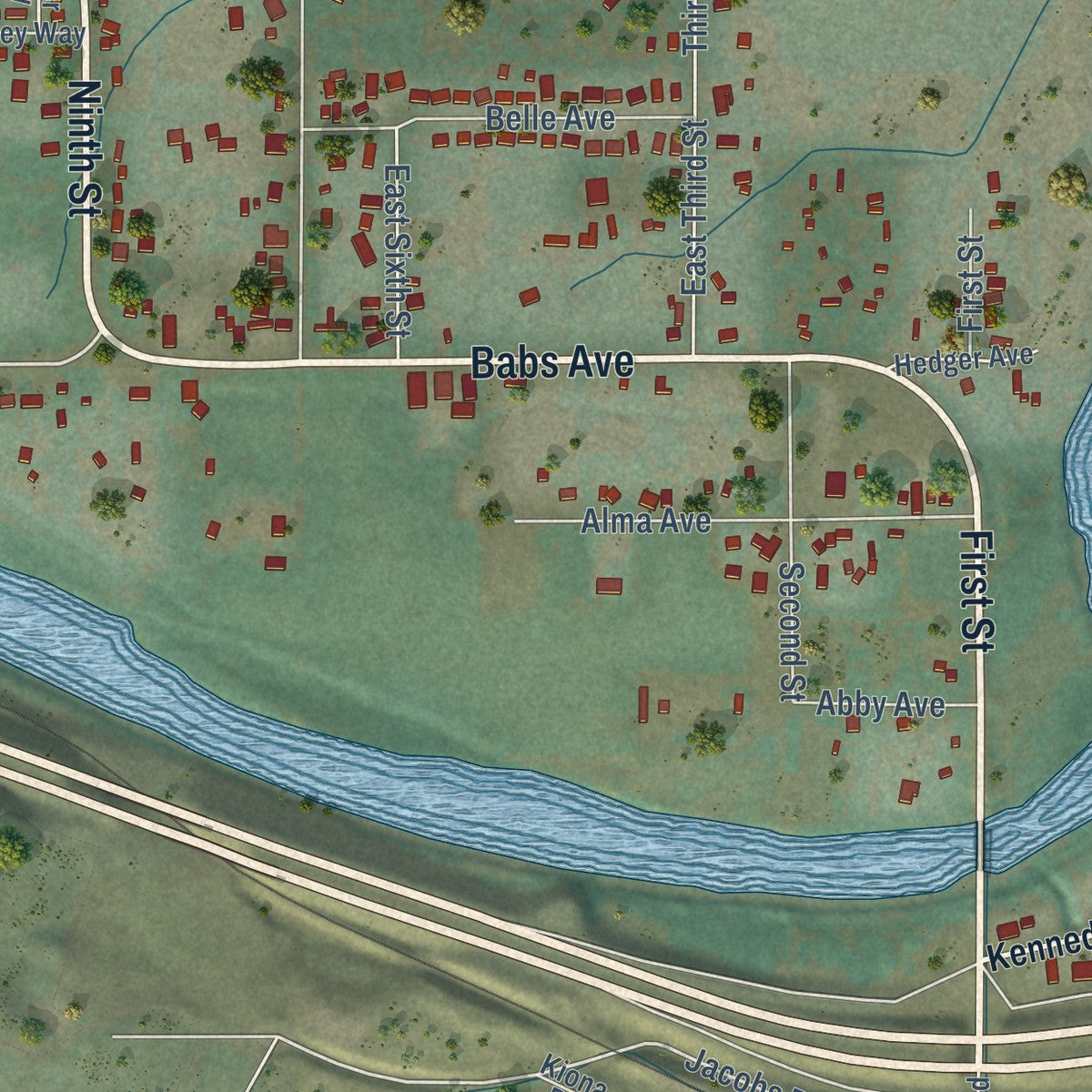 Second close-up of the map of Benton City, Washington print showing more streets and buildings