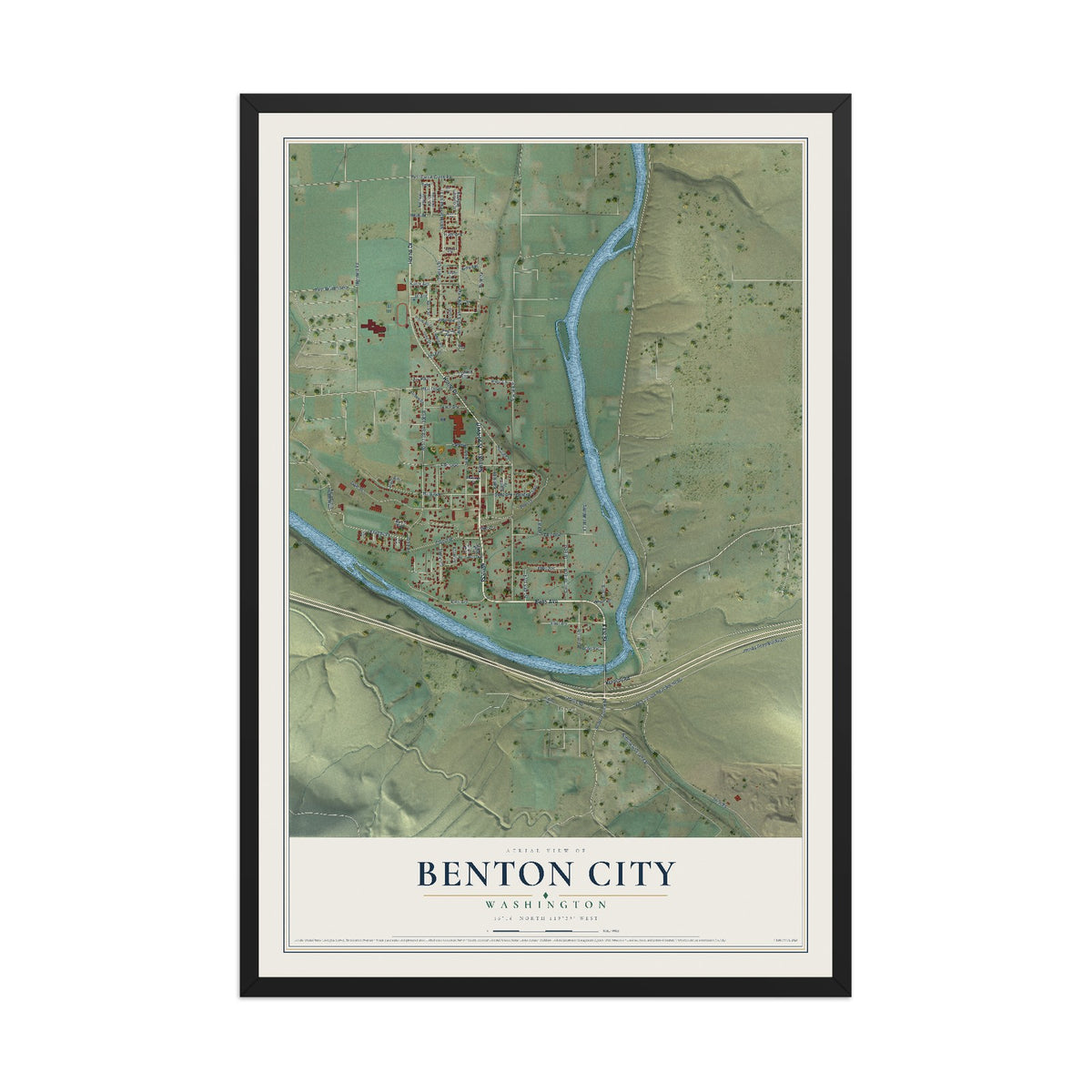 Map of Benton City, Washington, 12 x 18 inch print in a black wood frame