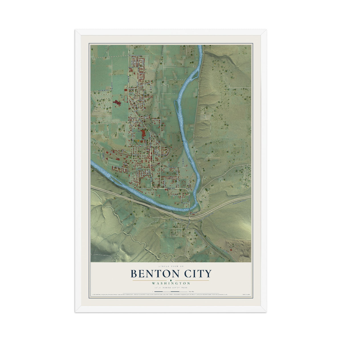 Map of Benton City, Washington, 12 x 18 inch print in a white wood frame