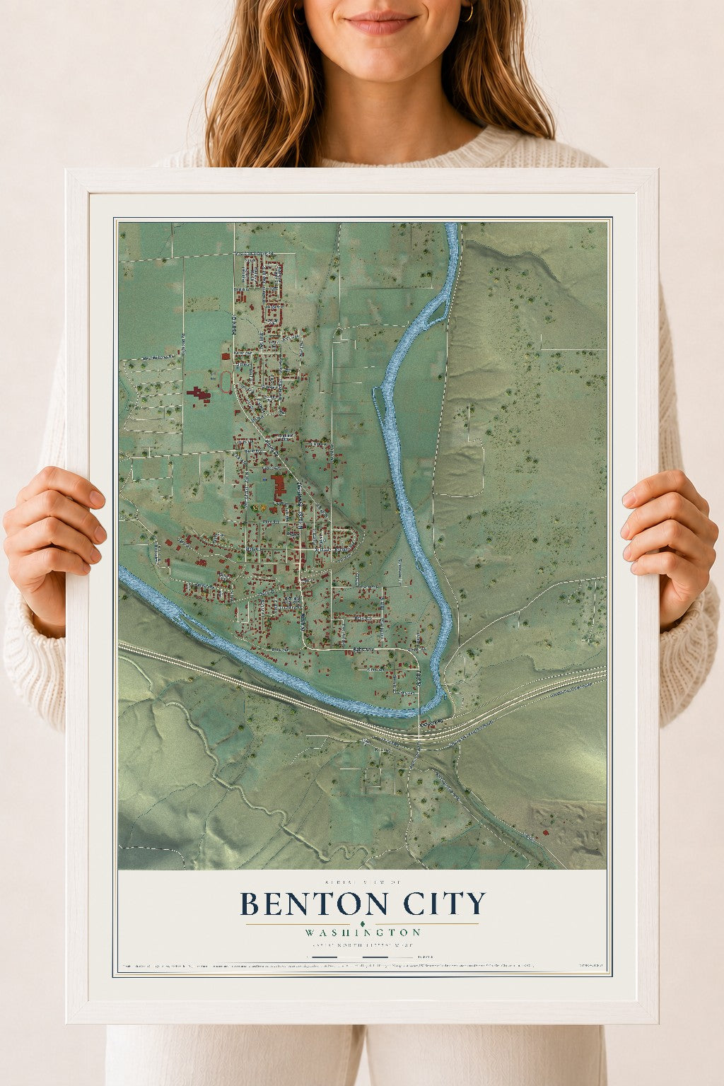 Map of Benton City, Washington, 18 x 24 inch print in a white wood frame