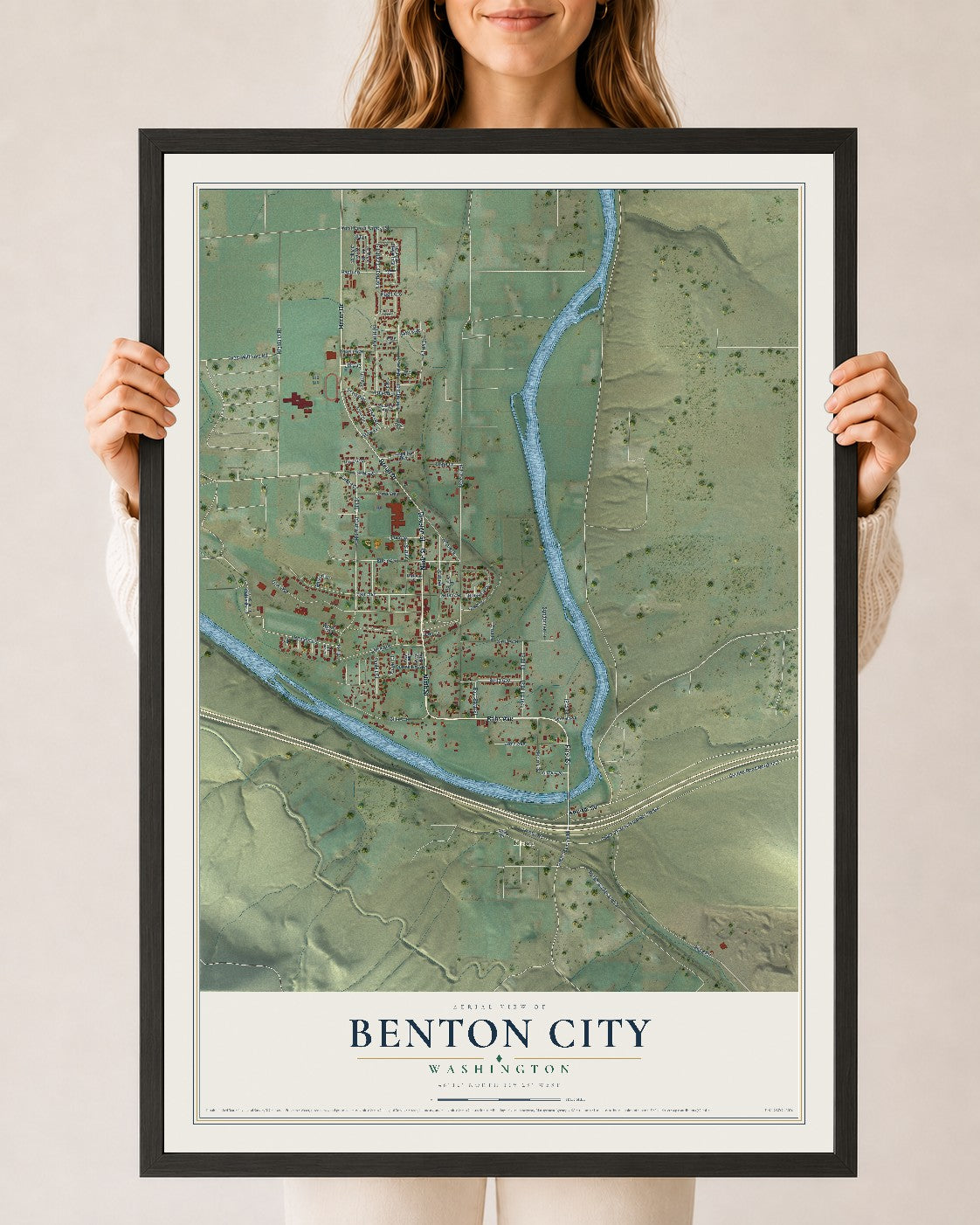 Map of Benton City, Washington, 24 x 36 inch print in a black wood frame
