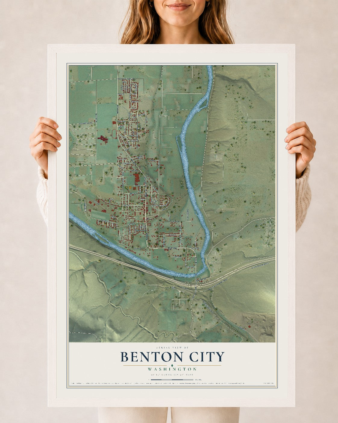 Map of Benton City, Washington, 24 x 36 inch print in a white wood frame