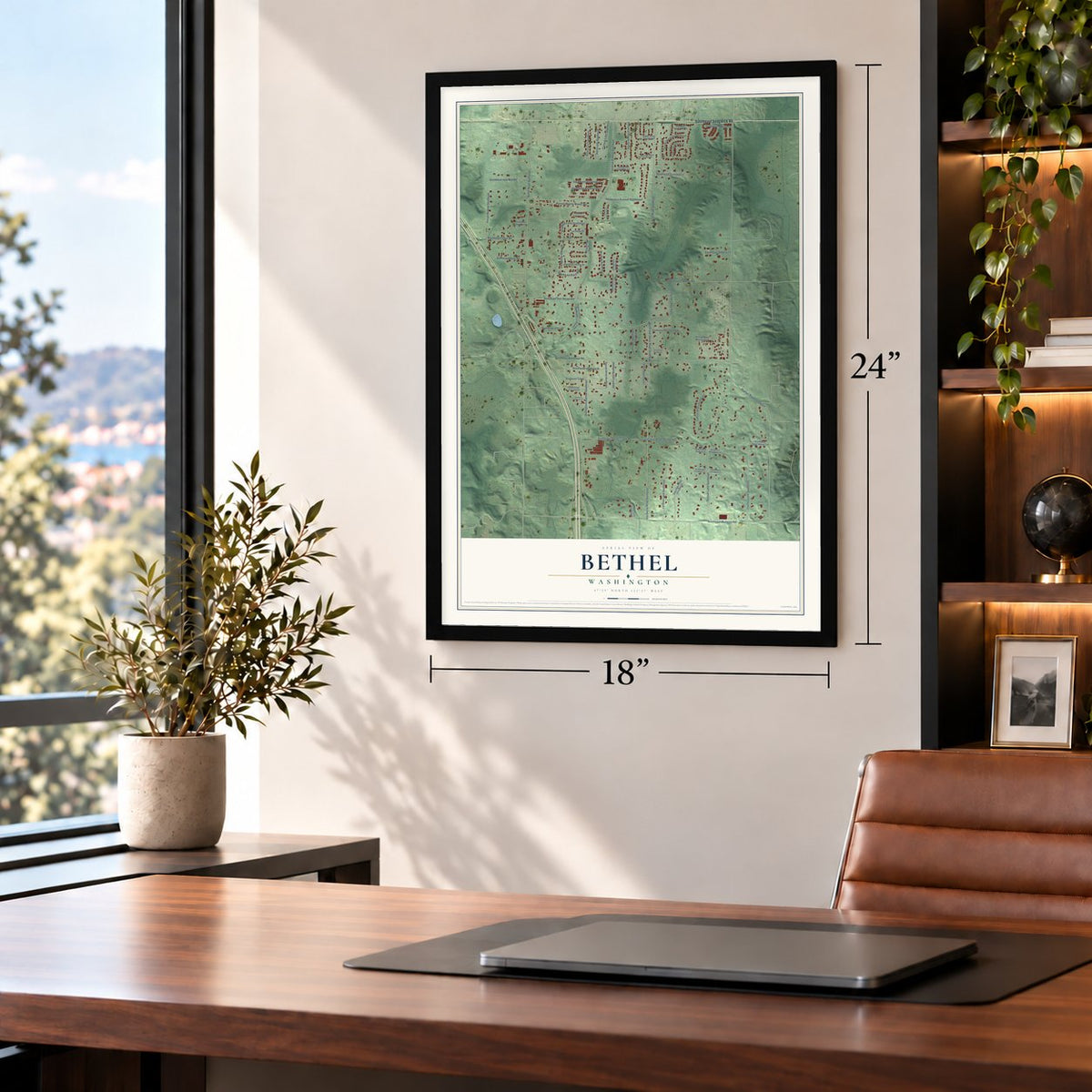Bethel, Washington map, 18 x 24 inch print in a black frame in a home office