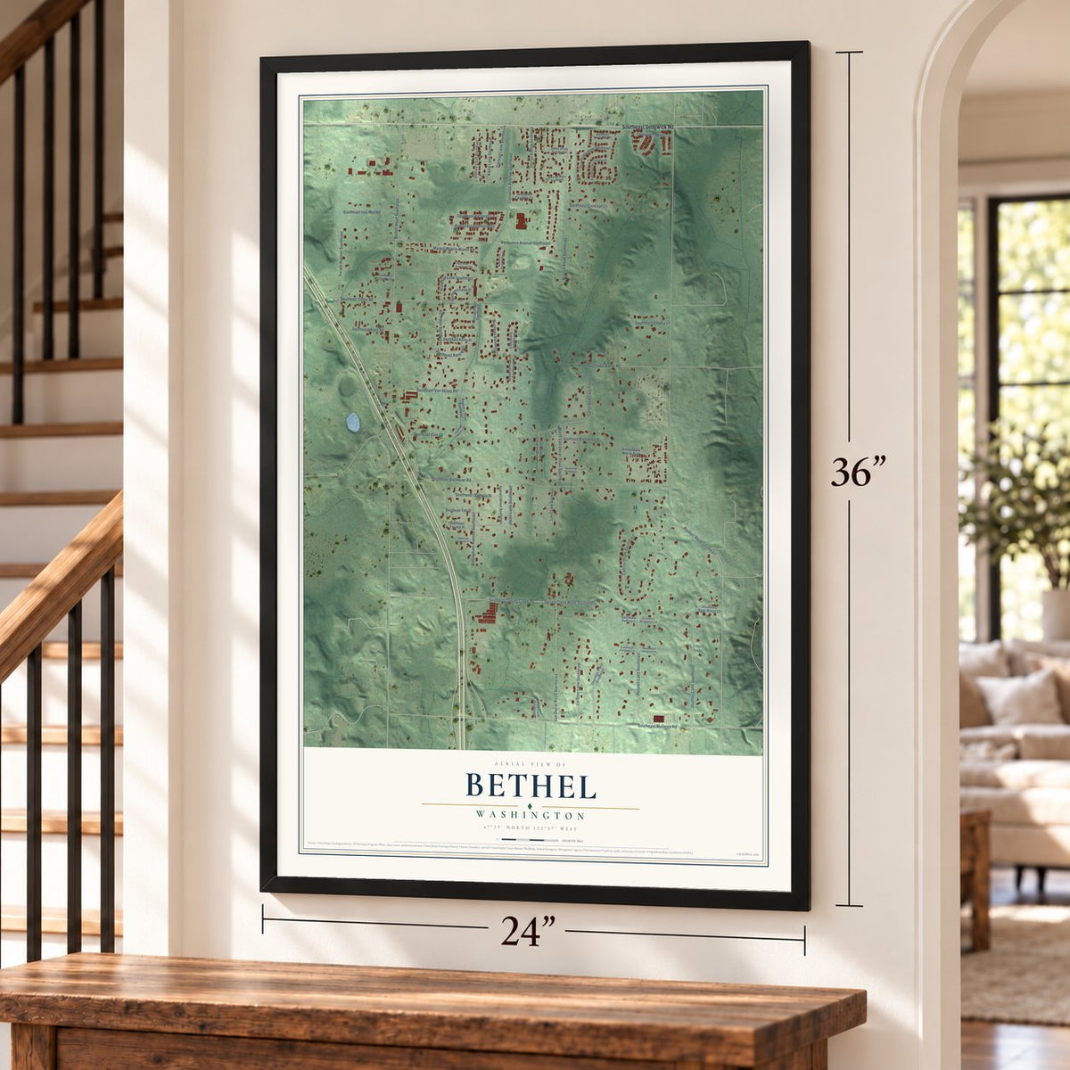 Bethel, Washington map, 24 x 36 inch print in a black frame by a staircase