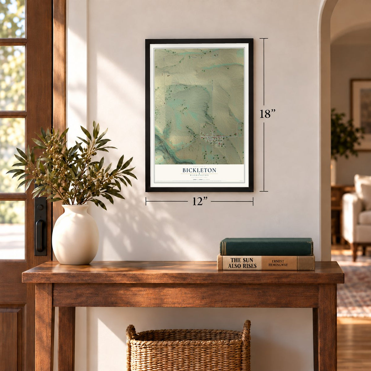 Bickleton, Washington map, 12 x 18 inch print in a black frame in an entryway