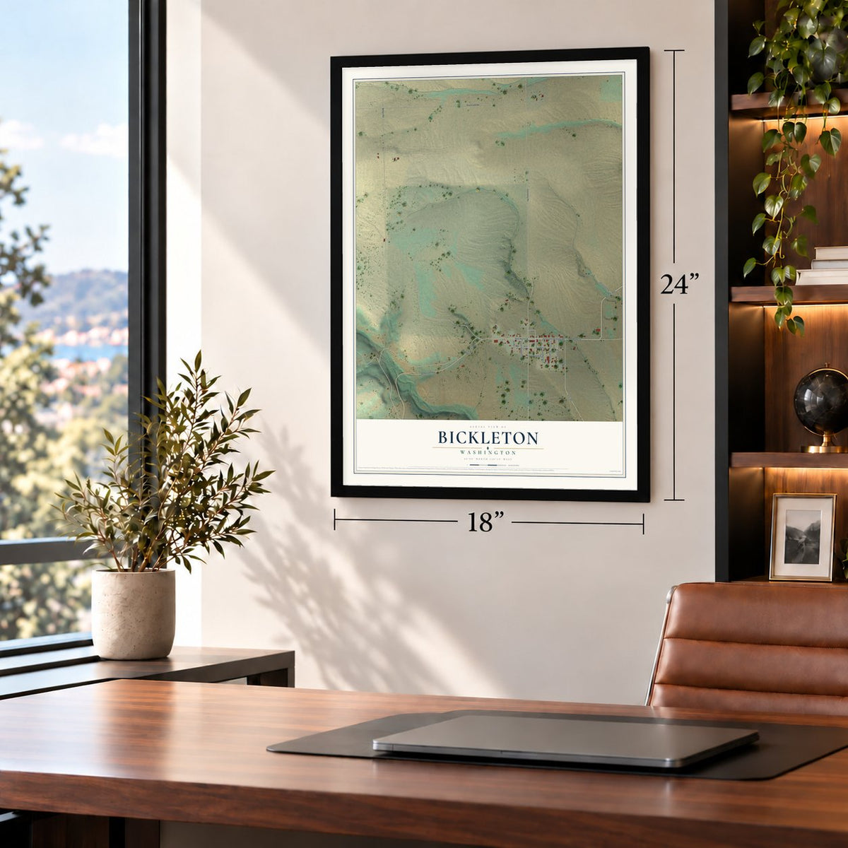 Bickleton, Washington map, 18 x 24 inch print in a black frame in a home office