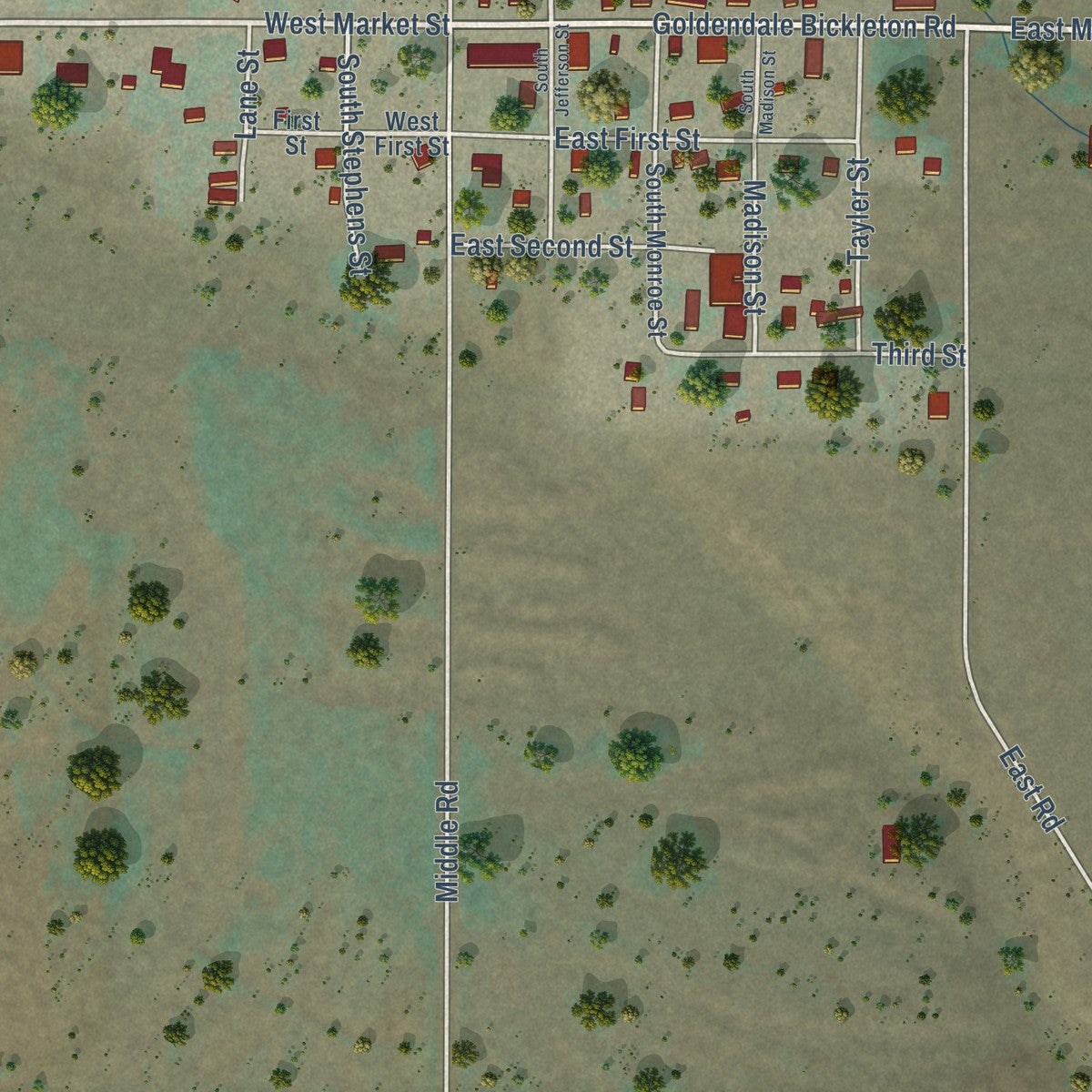 Close-up of the map of Bickleton, Washington print showing street and building detail