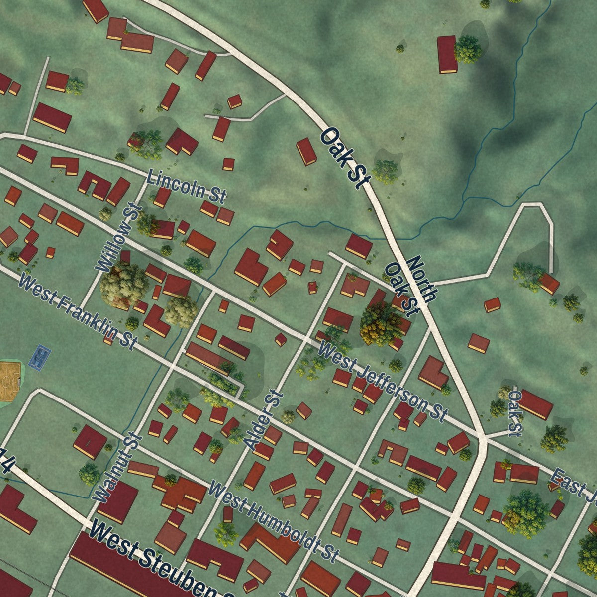 Close-up of the map of Bingen, Washington print showing street and building detail