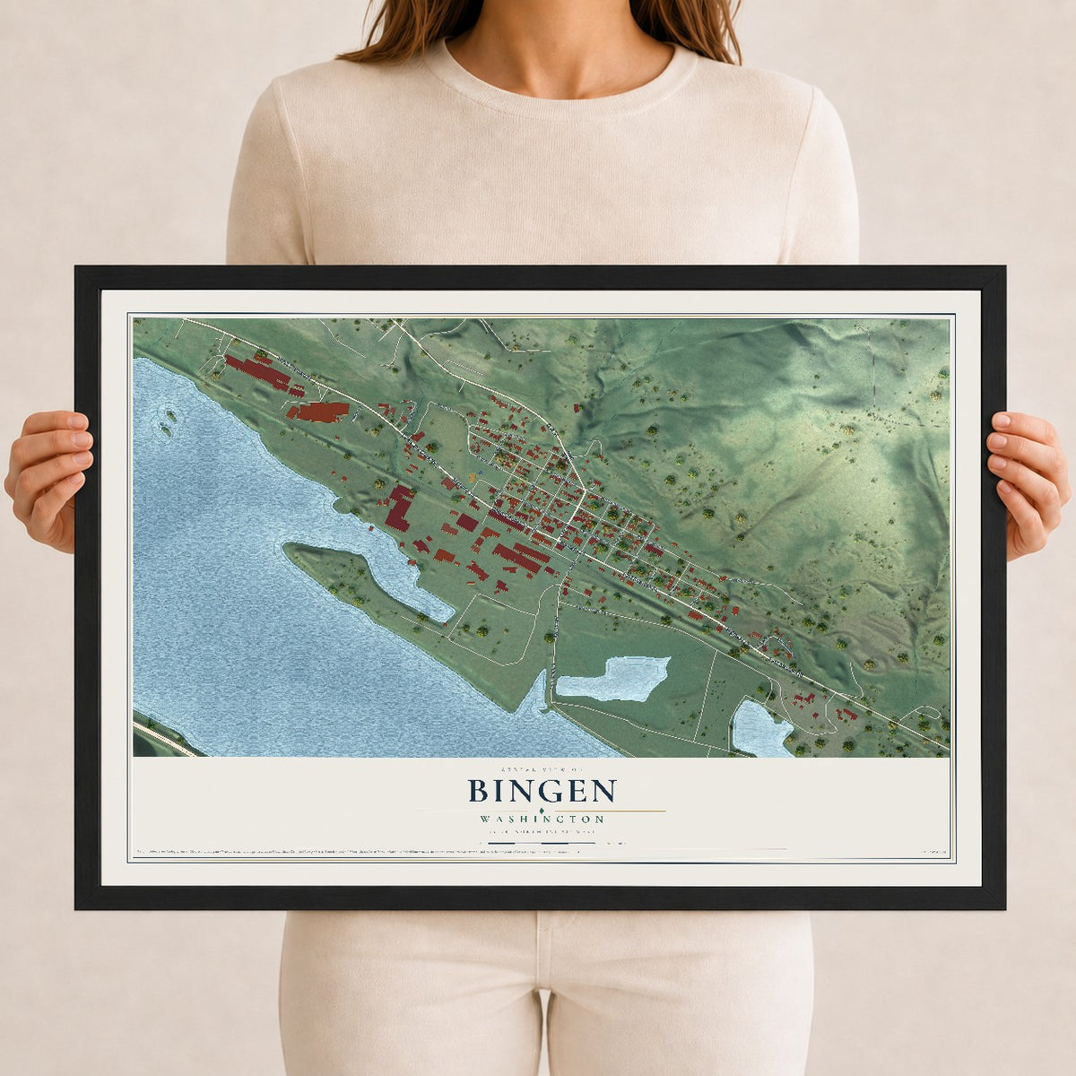Map of Bingen, Washington, 12 x 18 inch print in a black wood frame