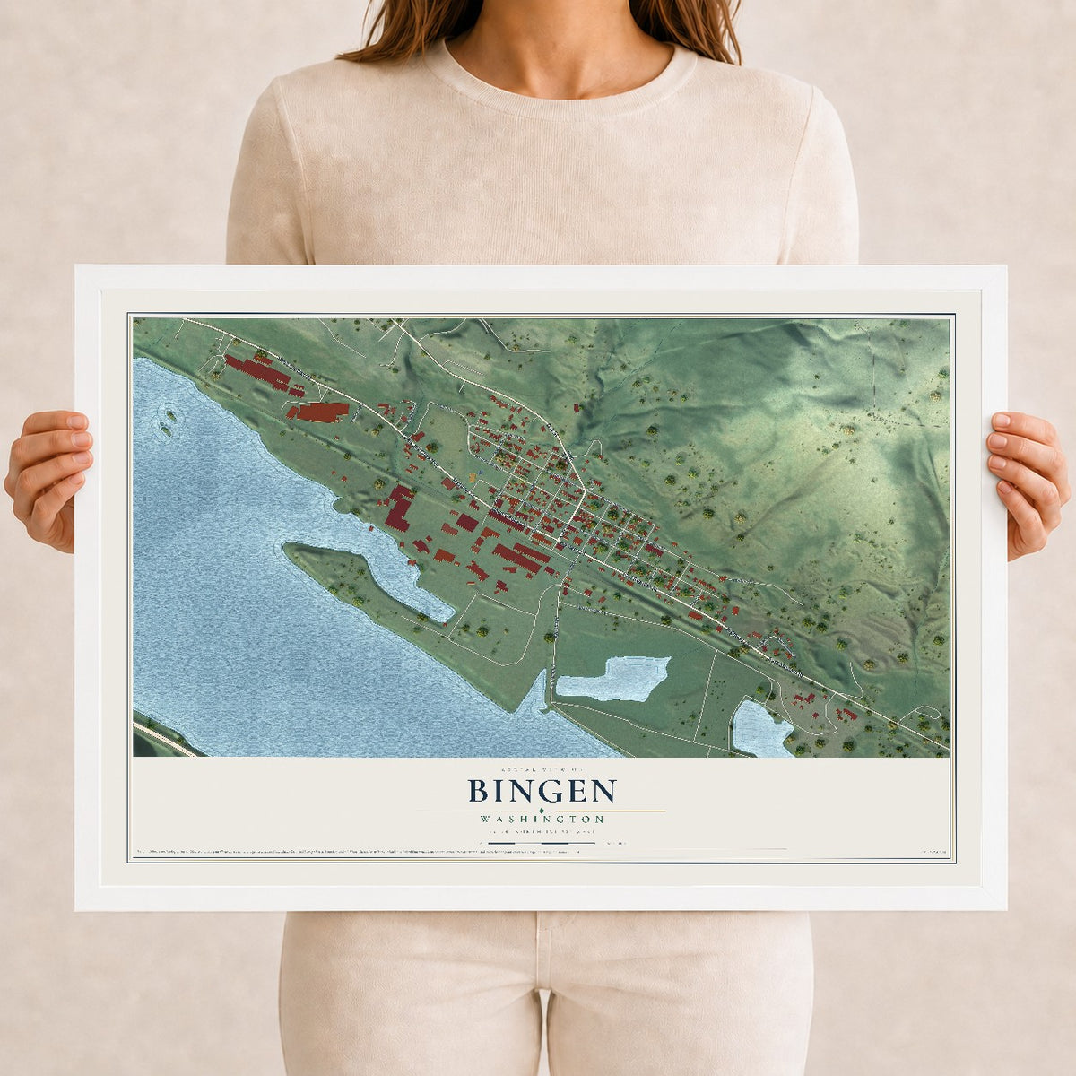 Map of Bingen, Washington, 12 x 18 inch print in a white wood frame