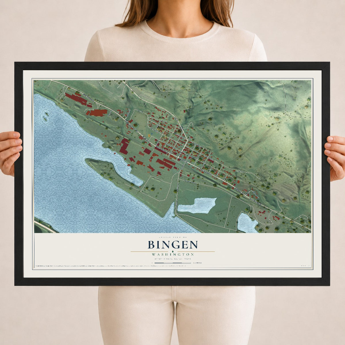 Map of Bingen, Washington, 18 x 24 inch print in a black wood frame