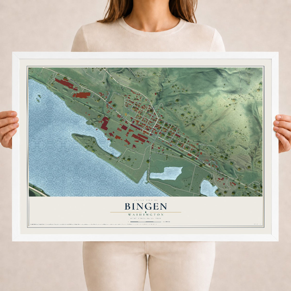 Map of Bingen, Washington, 18 x 24 inch print in a white wood frame