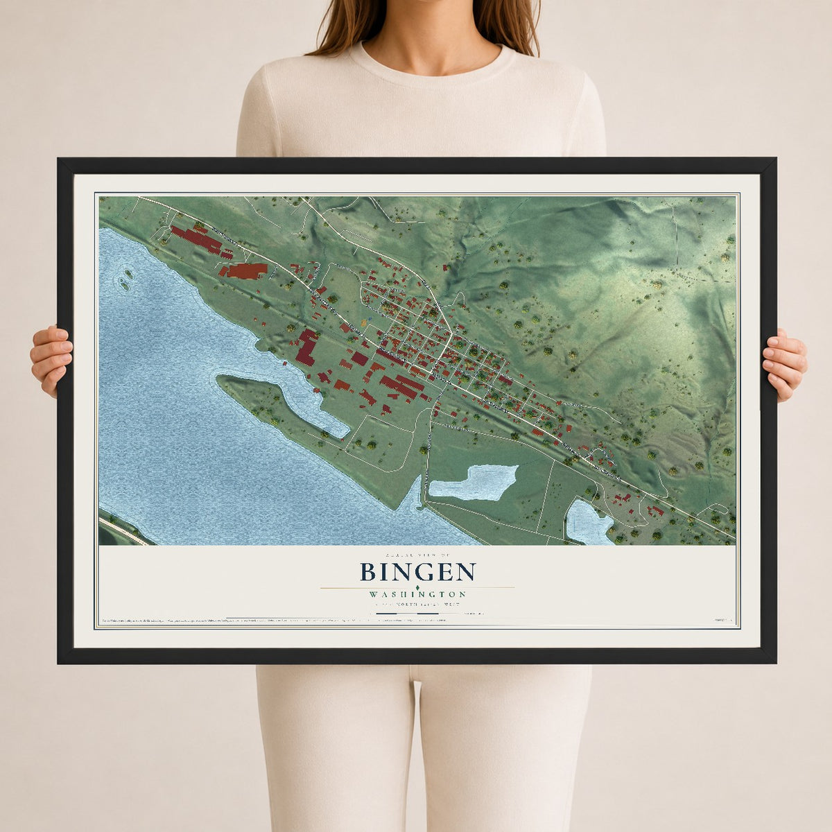 Map of Bingen, Washington, 24 x 36 inch print in a black wood frame