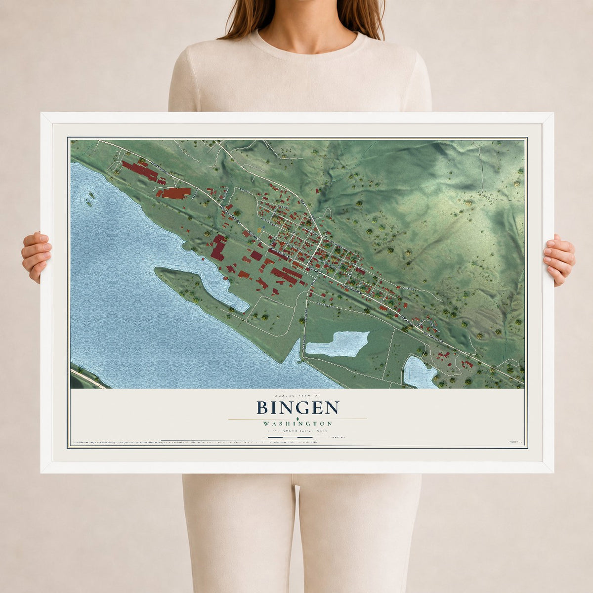 Map of Bingen, Washington, 24 x 36 inch print in a white wood frame