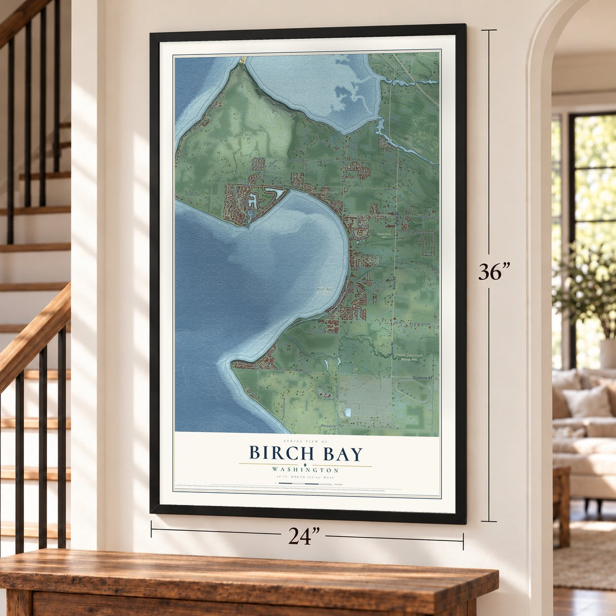 Birch Bay, Washington map, 24 x 36 inch print in a black frame by a staircase