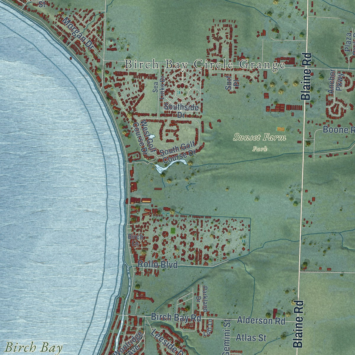 Close-up of the map of Birch Bay, Washington print showing street and building detail