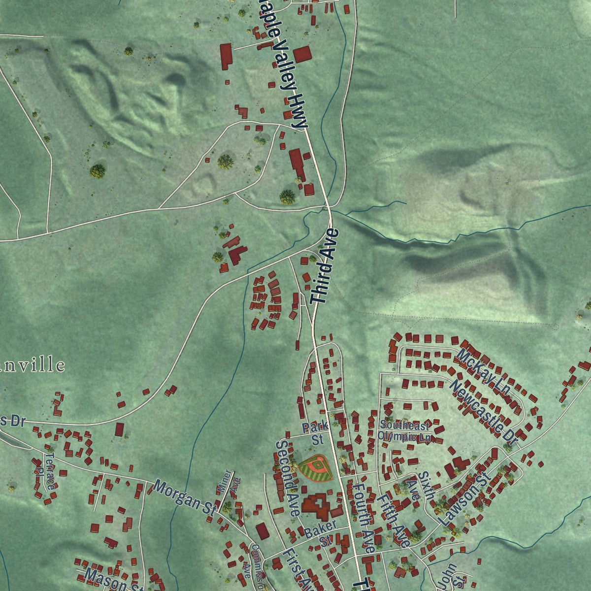 Second close-up of the map of Black Diamond, Washington print showing more streets and buildings