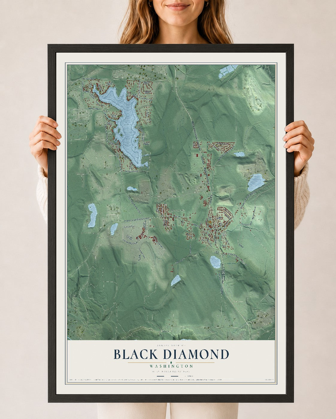 Map of Black Diamond, Washington, 24 x 36 inch print in a black wood frame