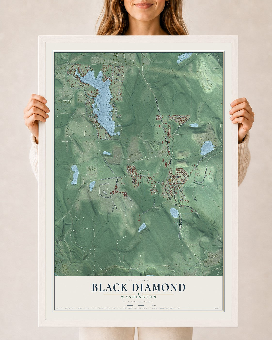 Map of Black Diamond, Washington, 24 x 36 inch print in a white wood frame