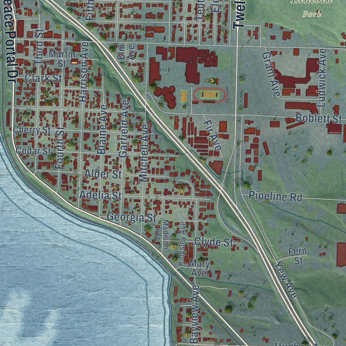 Close-up of the map of Blaine, Washington print showing street and building detail