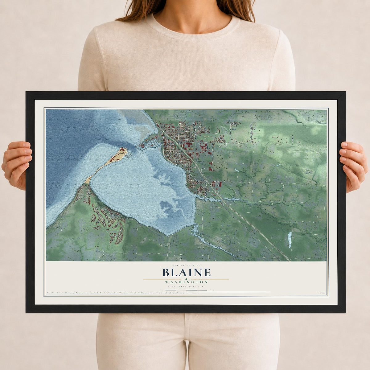 Map of Blaine, Washington, 12 x 18 inch print in a black wood frame