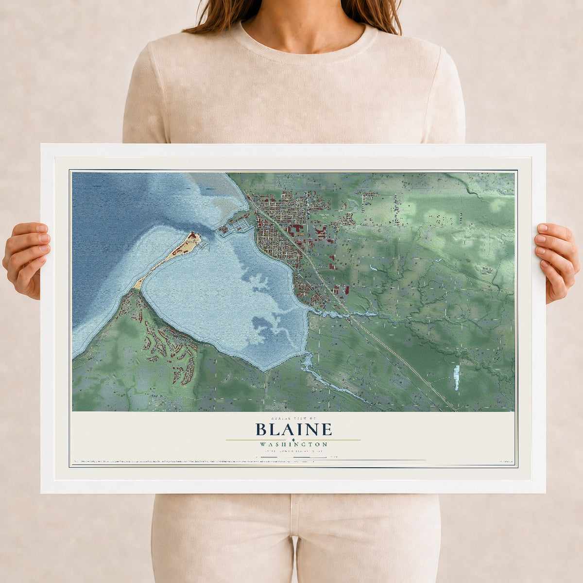 Map of Blaine, Washington, 12 x 18 inch print in a white wood frame