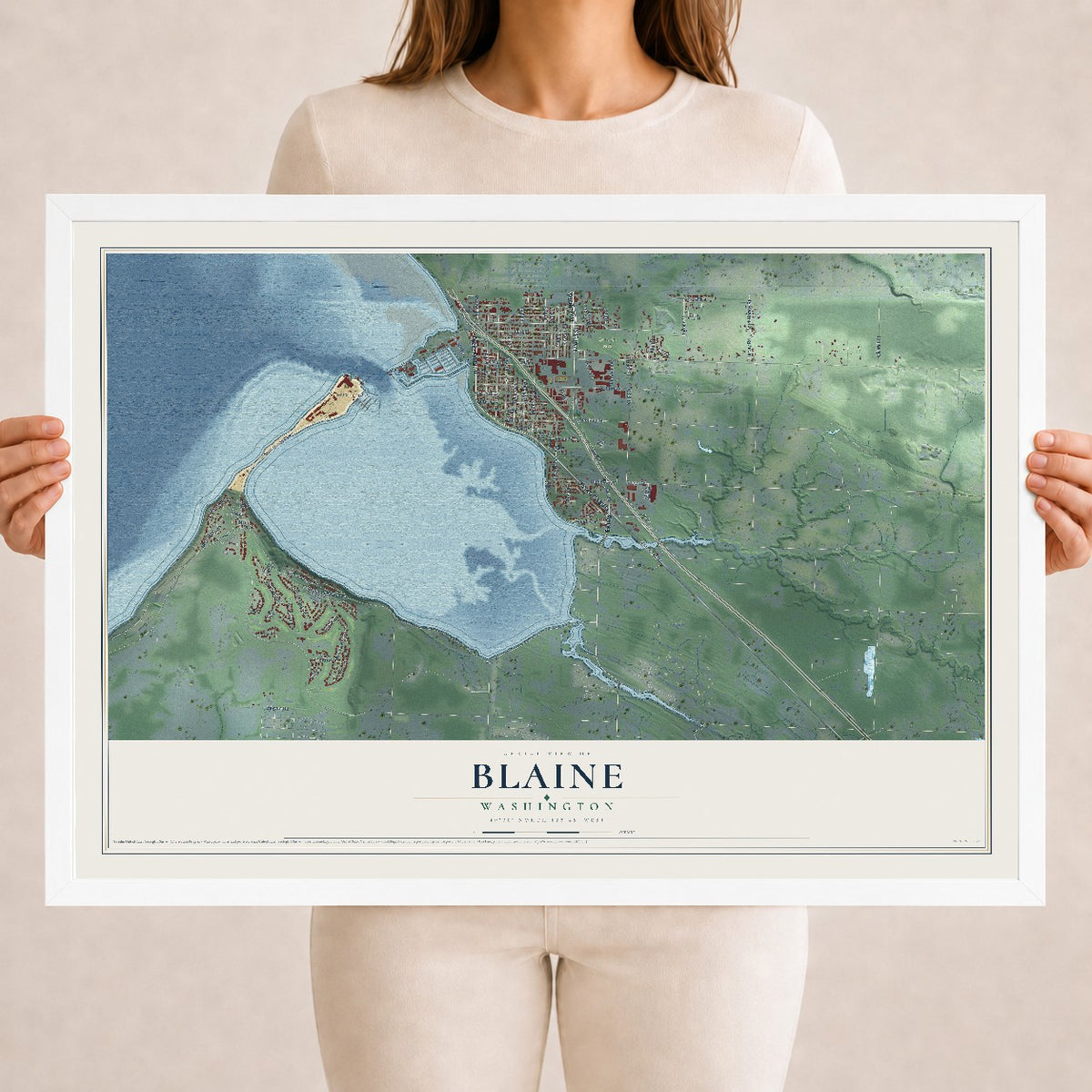 Map of Blaine, Washington, 18 x 24 inch print in a white wood frame