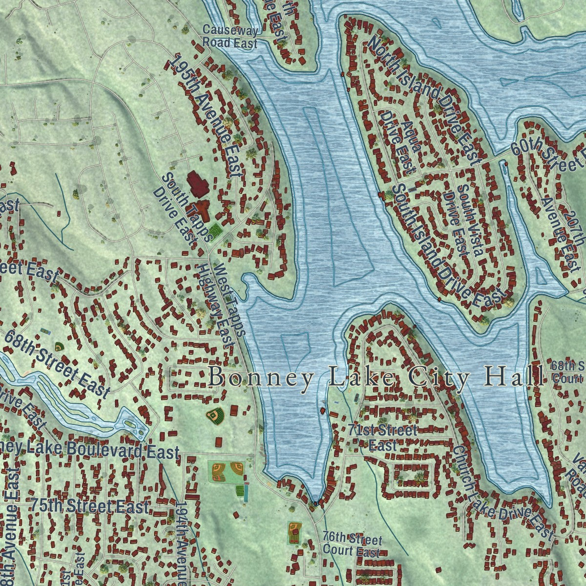 Close-up of the map of Bonney Lake, Washington print showing street and building detail