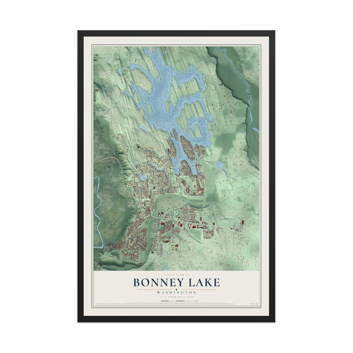 Map of Bonney Lake, Washington, 12 x 18 inch print in a black wood frame