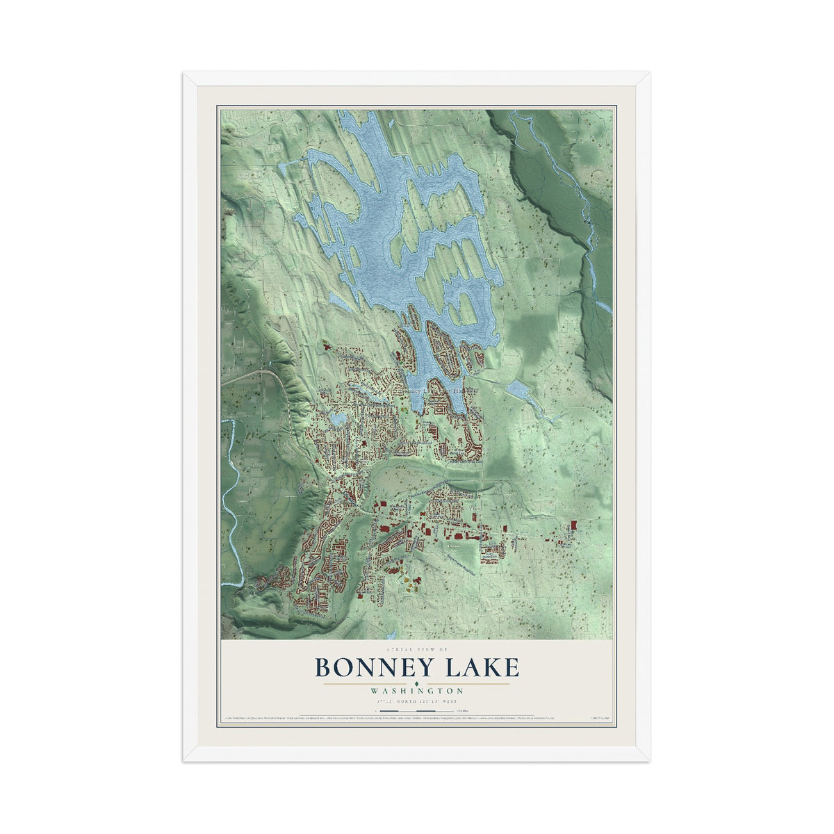 Map of Bonney Lake, Washington, 12 x 18 inch print in a white wood frame
