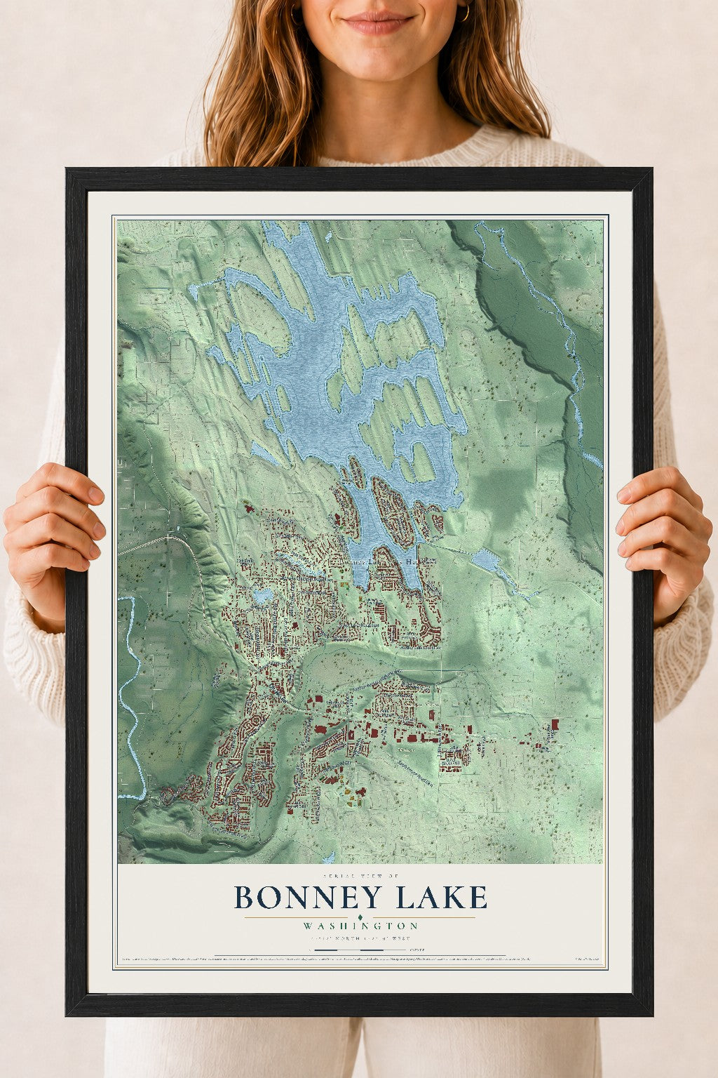 Map of Bonney Lake, Washington, 18 x 24 inch print in a black wood frame