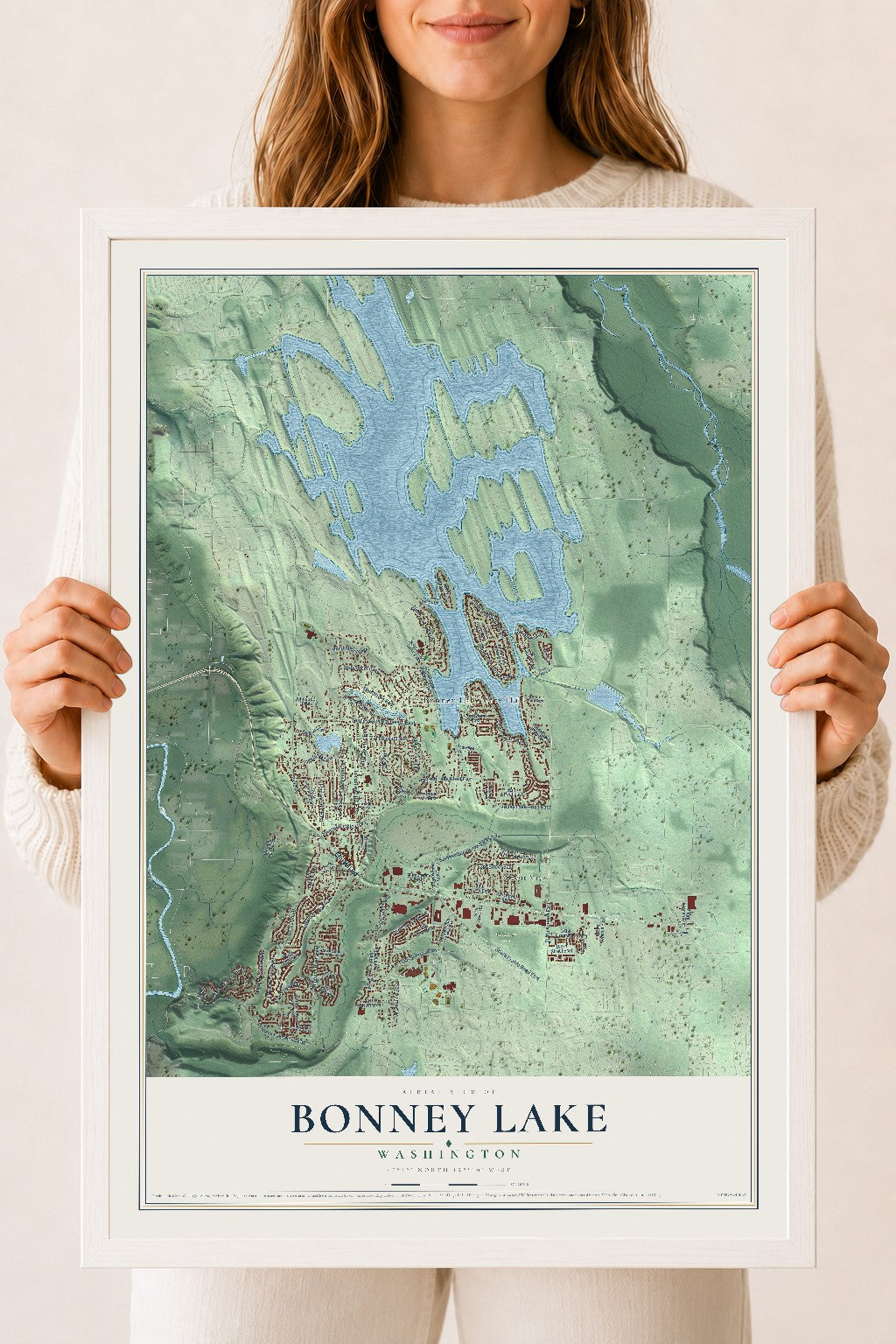 Map of Bonney Lake, Washington, 18 x 24 inch print in a white wood frame