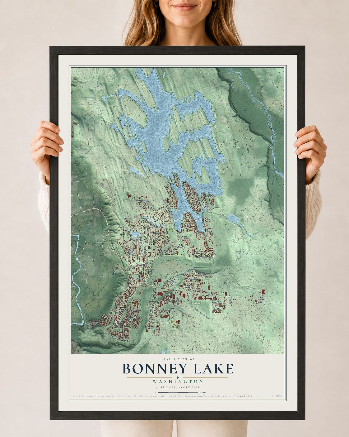 Map of Bonney Lake, Washington, 24 x 36 inch print in a black wood frame