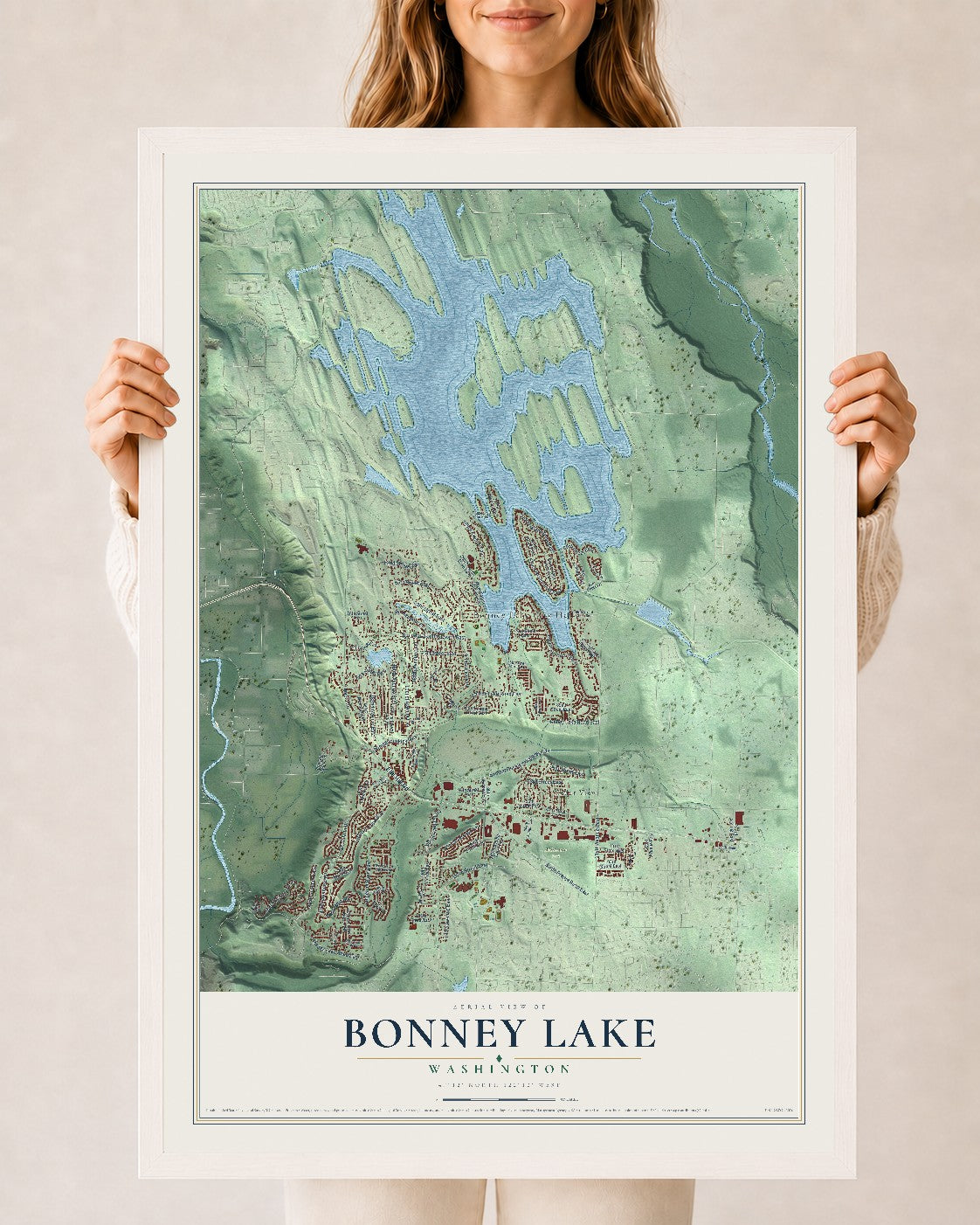 Map of Bonney Lake, Washington, 24 x 36 inch print in a white wood frame