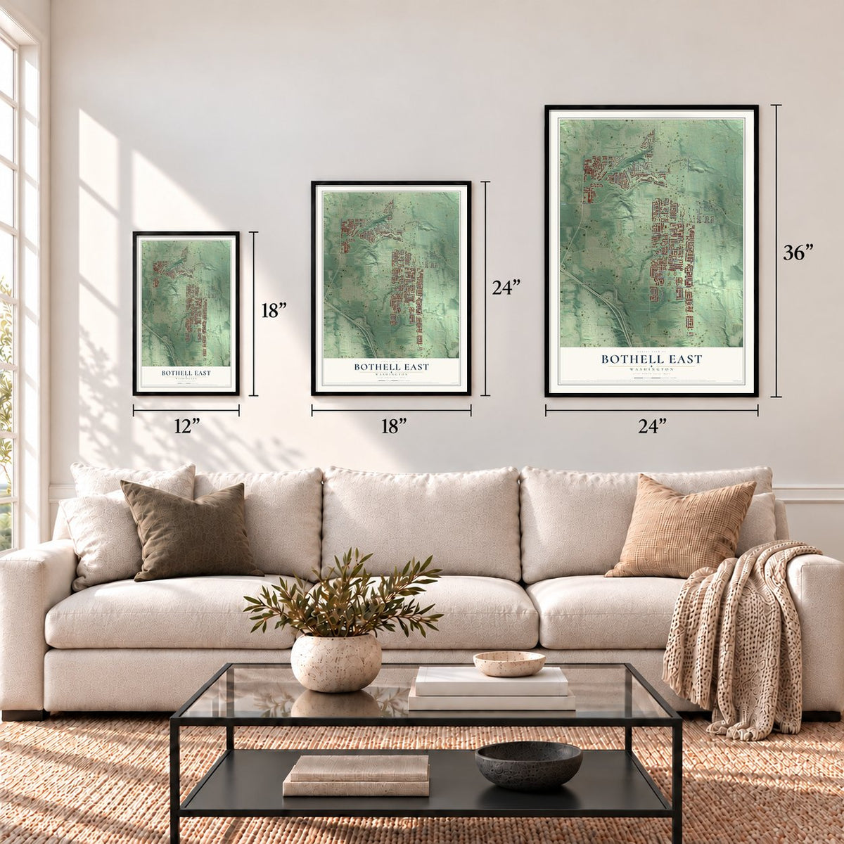 Bothell East, Washington map in 12 x 18, 18 x 24 and 24 x 36 inch sizes above a sofa
