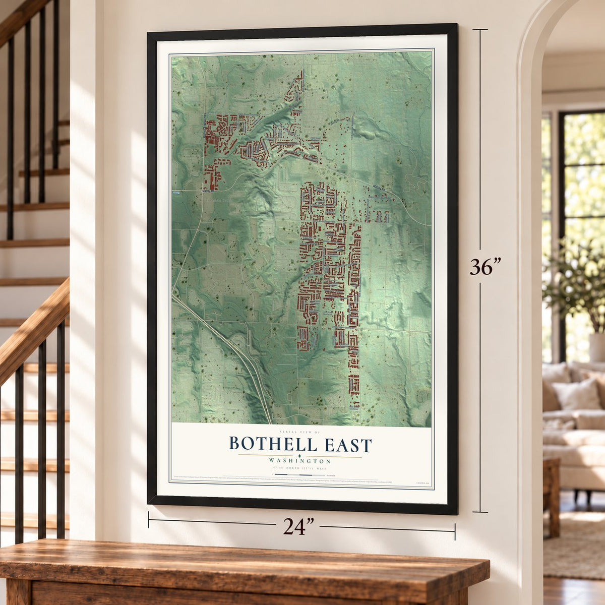Bothell East, Washington map, 24 x 36 inch print in a black frame by a staircase