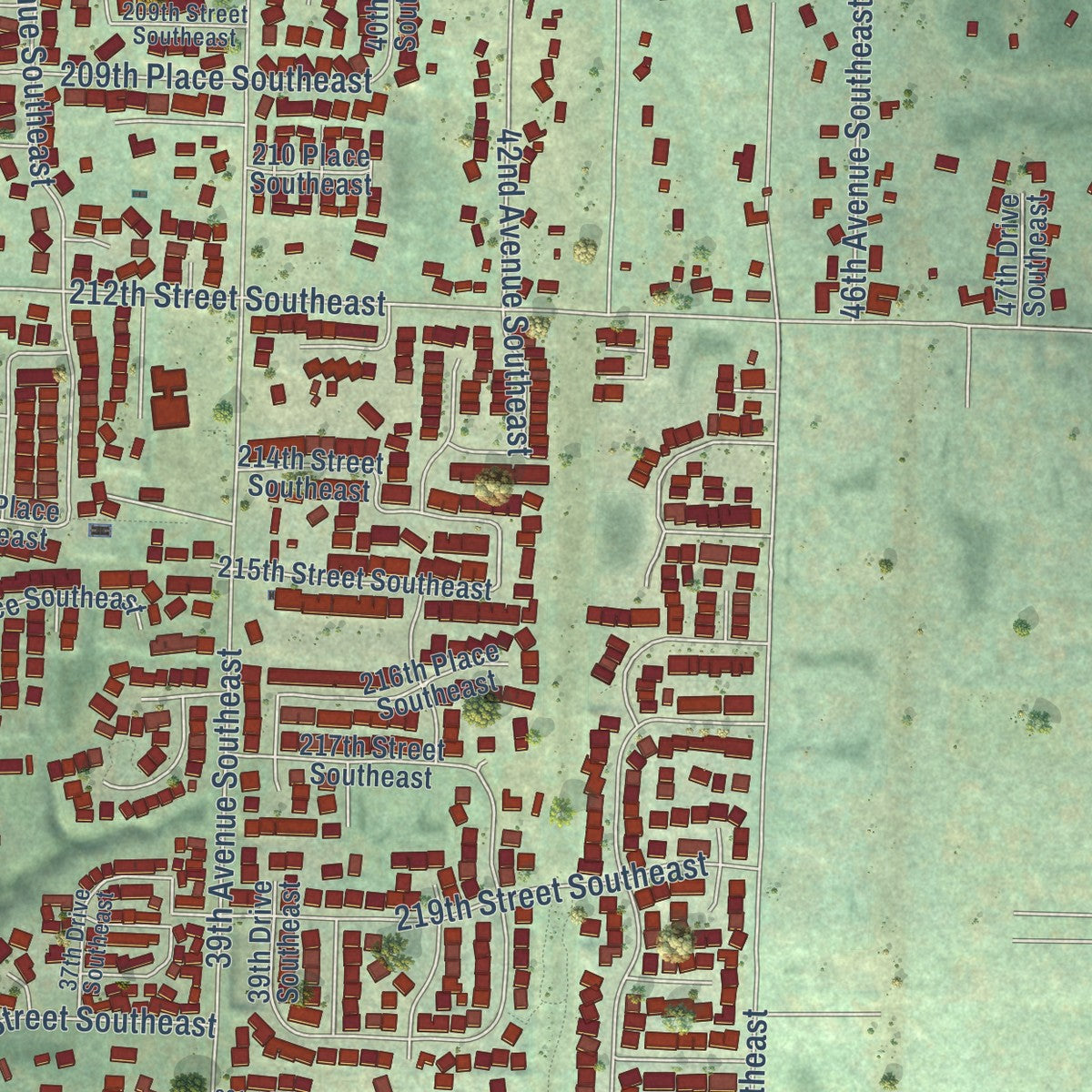 Close-up of the map of Bothell East, Washington print showing street and building detail