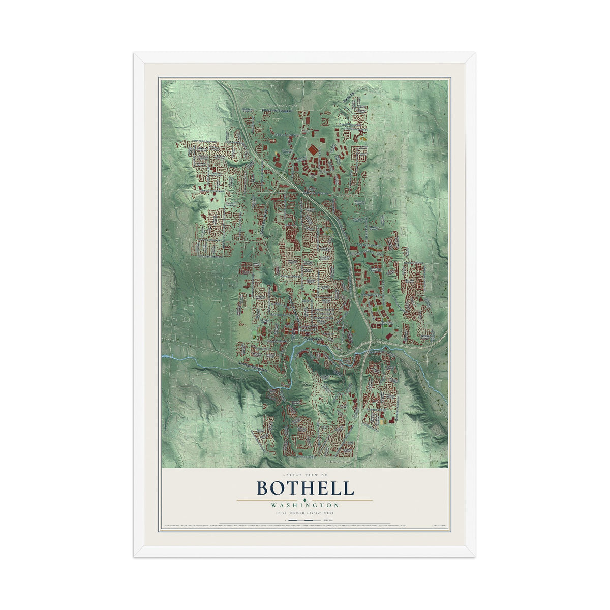 Map of Bothell, Washington, 12 x 18 inch print in a white wood frame