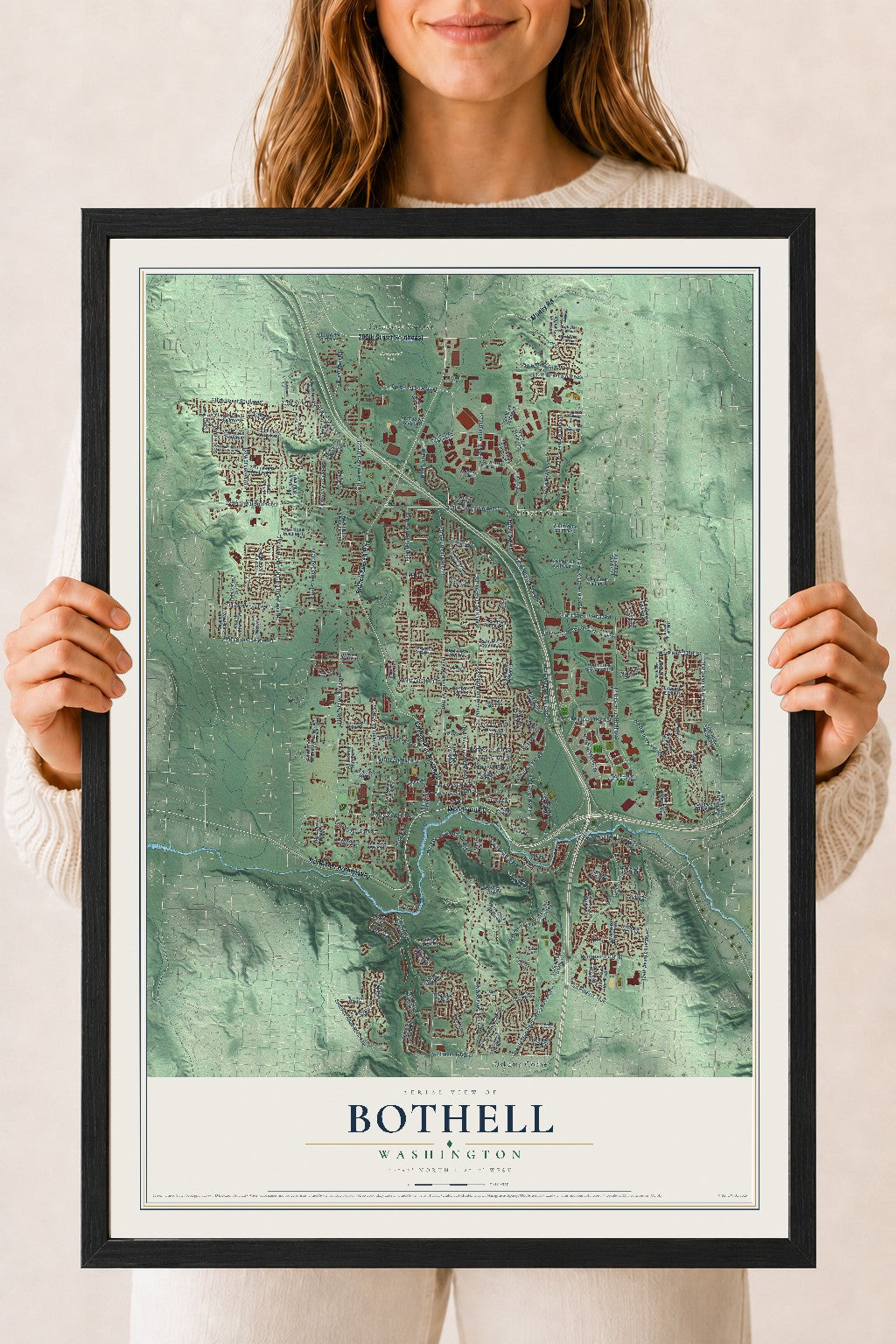 Map of Bothell, Washington, 18 x 24 inch print in a black wood frame