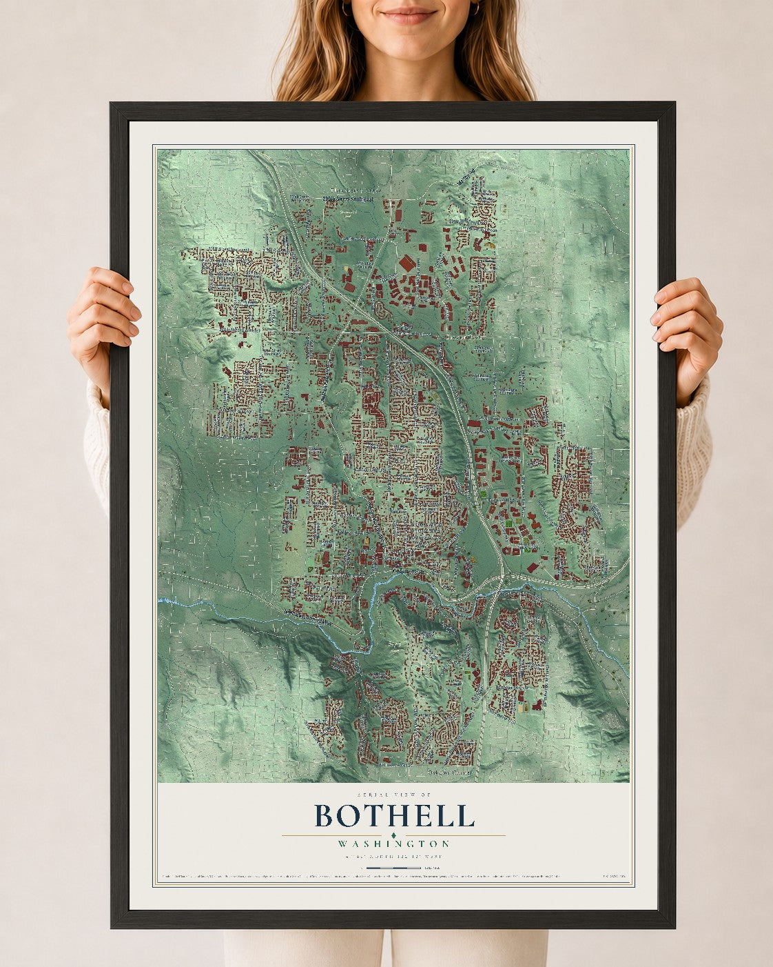 Map of Bothell, Washington, 24 x 36 inch print in a black wood frame