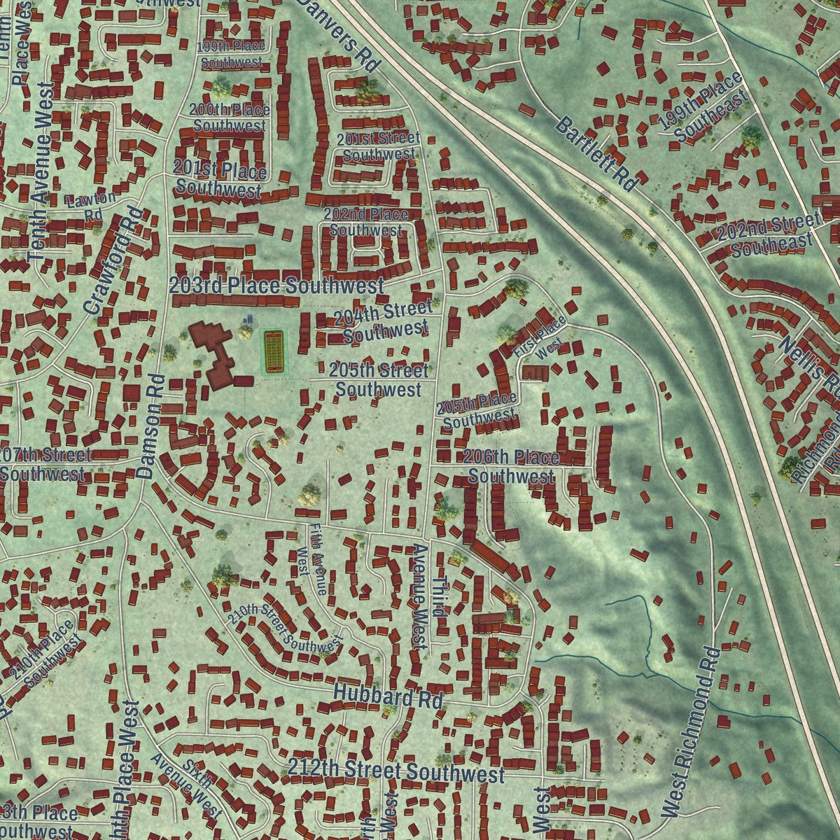 Close-up of the map of Bothell West, Washington print showing street and building detail