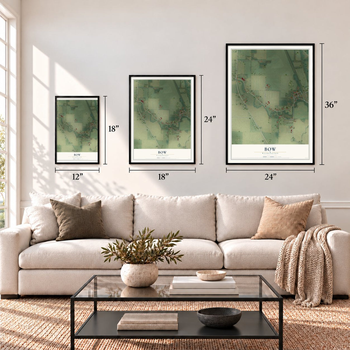 Bow, Washington map in 12 x 18, 18 x 24 and 24 x 36 inch sizes above a sofa