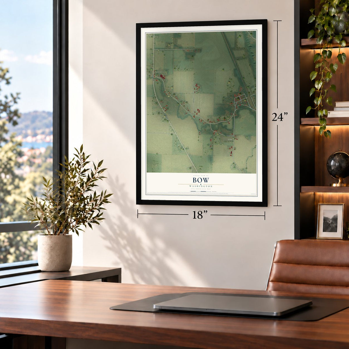 Bow, Washington map, 18 x 24 inch print in a black frame in a home office
