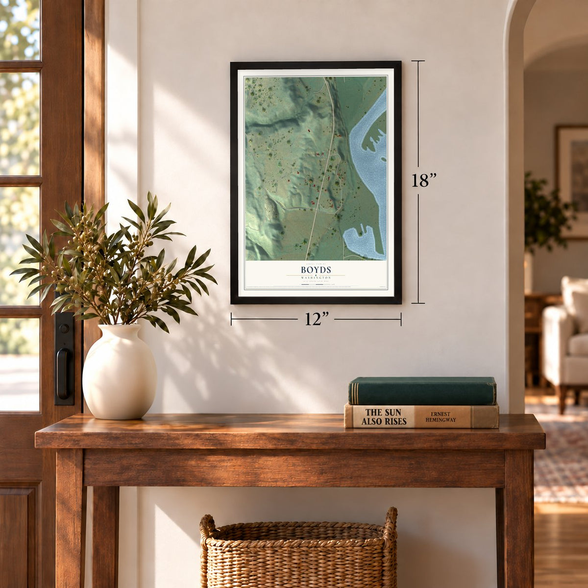 Boyds, Washington map, 12 x 18 inch print in a black frame in an entryway