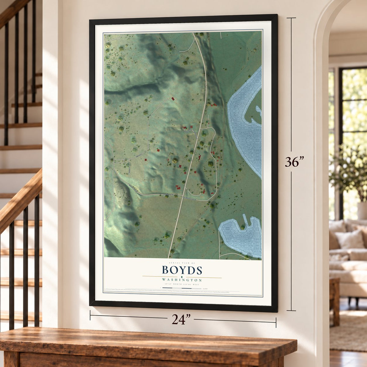 Boyds, Washington map, 24 x 36 inch print in a black frame by a staircase