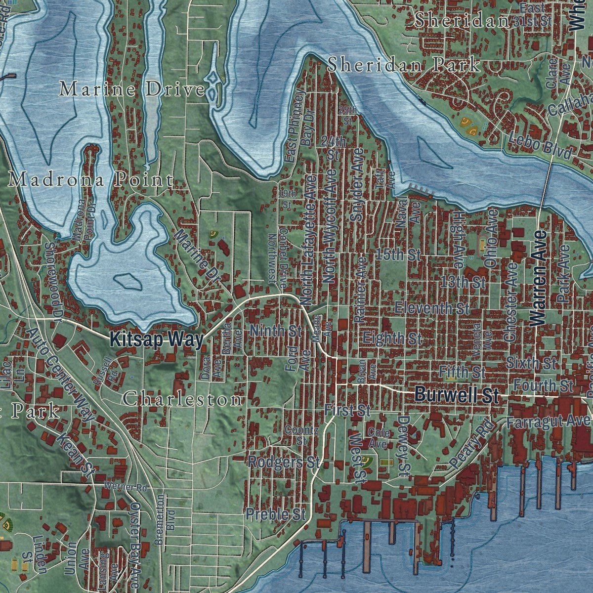 Close-up of the map of Bremerton, Washington print showing street and building detail
