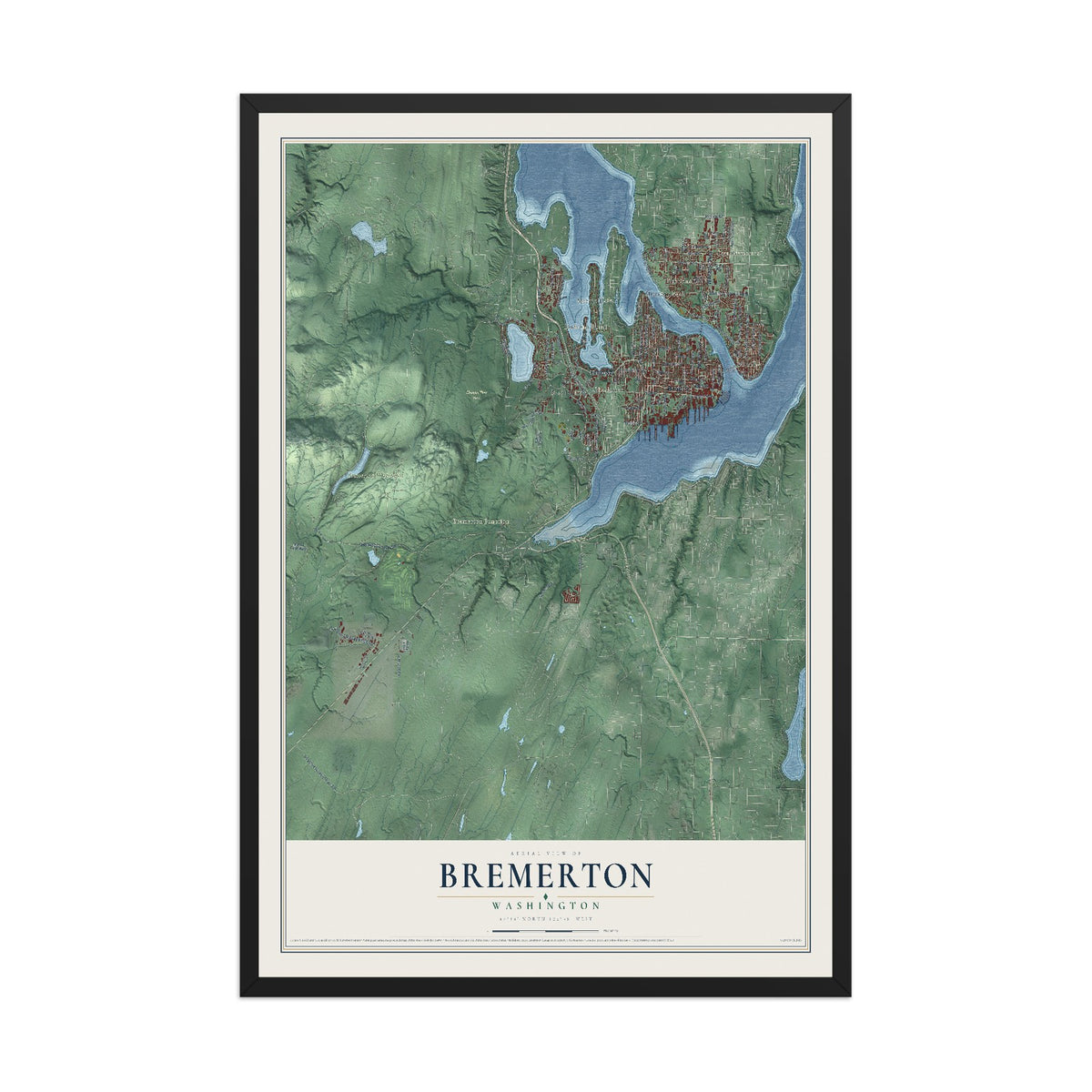 Map of Bremerton, Washington, 12 x 18 inch print in a black wood frame